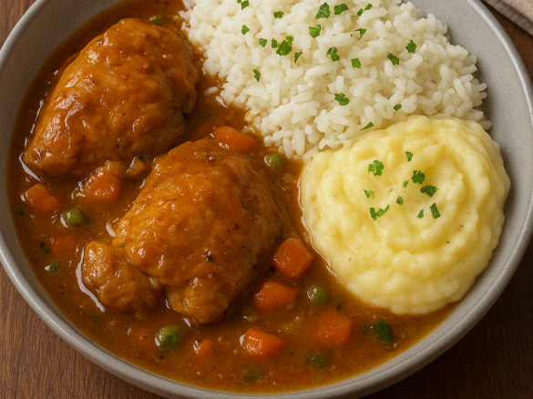 Frango ou Vitela Estufada com Arroz e Puré
