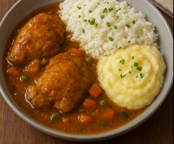 Frango ou Vitela Estufada com Arroz e Puré